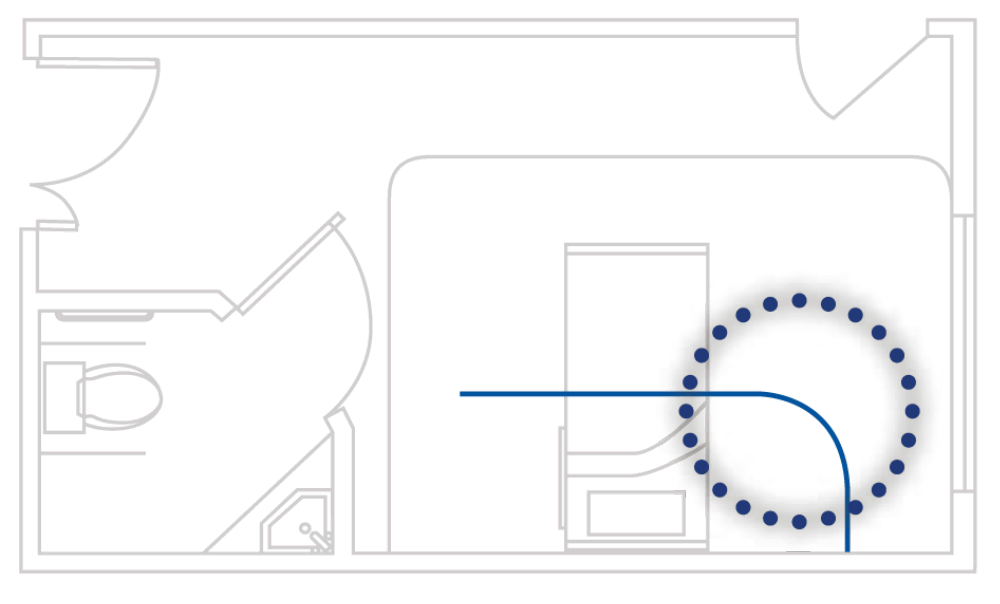 Room layout for care home or hospital with Patient Lift or Ceiling Hoist with curved rail