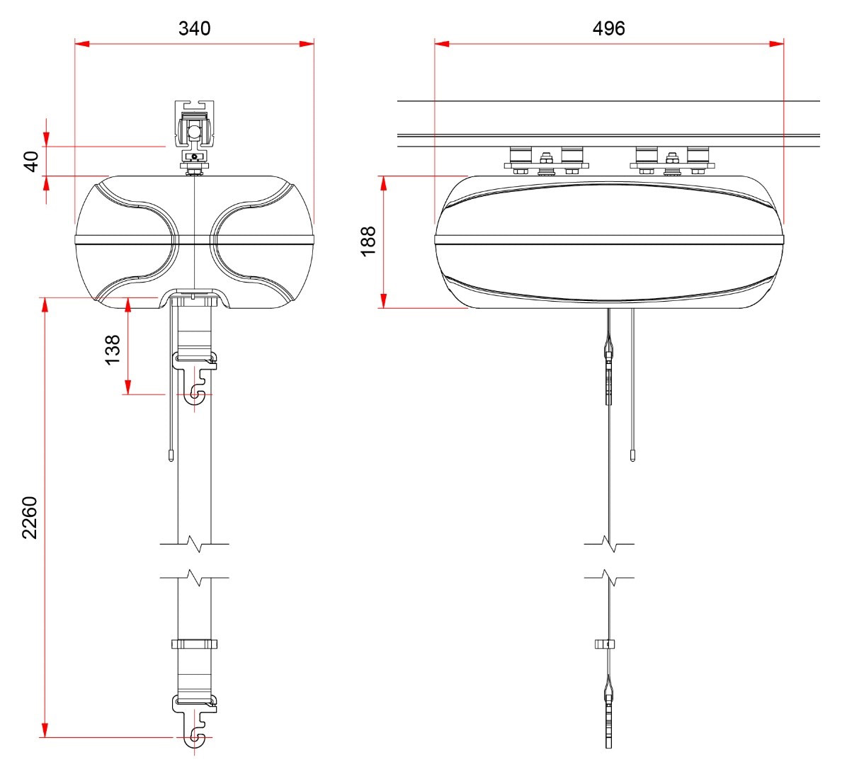 Dimensiones del polipasto de techo AR-500 de Patient Lifting Solutions para atención bariátrica